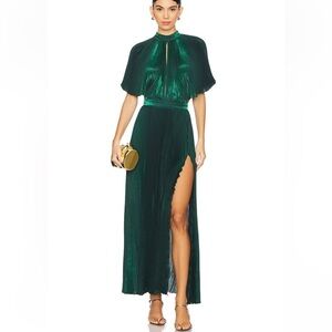 L'IDÉE Elite Split Gown Pine Shimmer Green Pleated Dress gown Revolve NWT 6